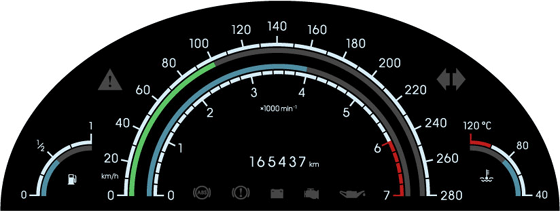 Fig. 3. Automotive digital LCD dashboard graphical design. Sport version.